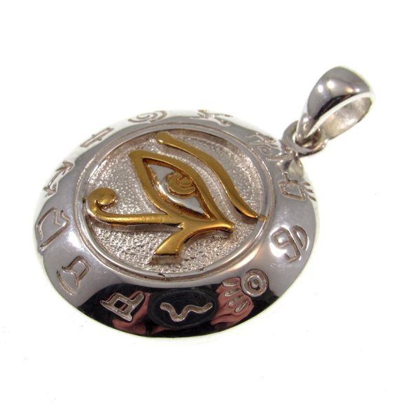 Solid 925 Sterling Silver & Gold Accent Eye of Horus Pendant with Zodiac Symbols - Picture 4 of 5